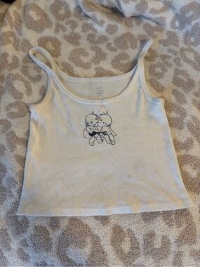 Brandy Melville White Ribbed Tank with Black Line-Art Graphic